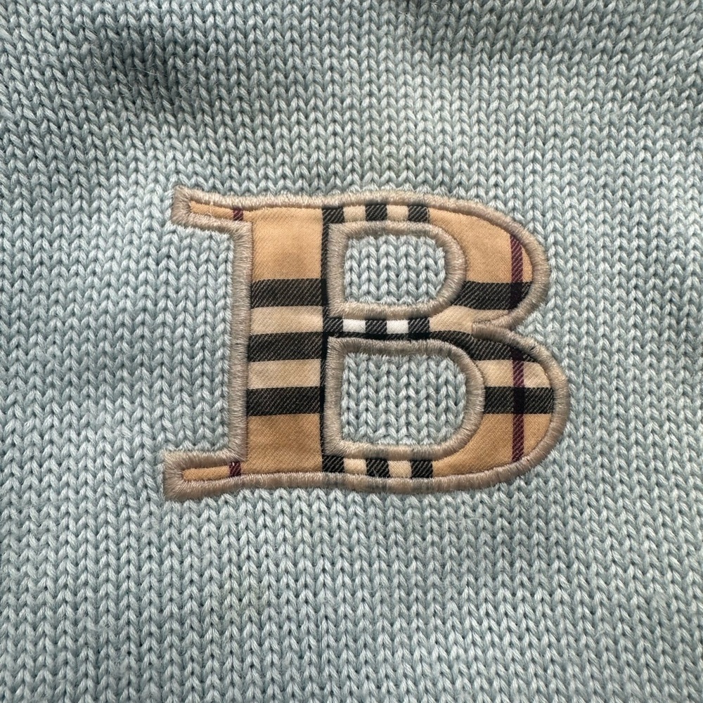 Burberry Baby Light Blue Knit Sweater with Cream brown B Burberry Nova Check - Picture 3 of 14